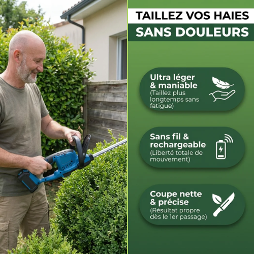 Taille-Haie Sans Fil avec 2 Batteries OFFERTES