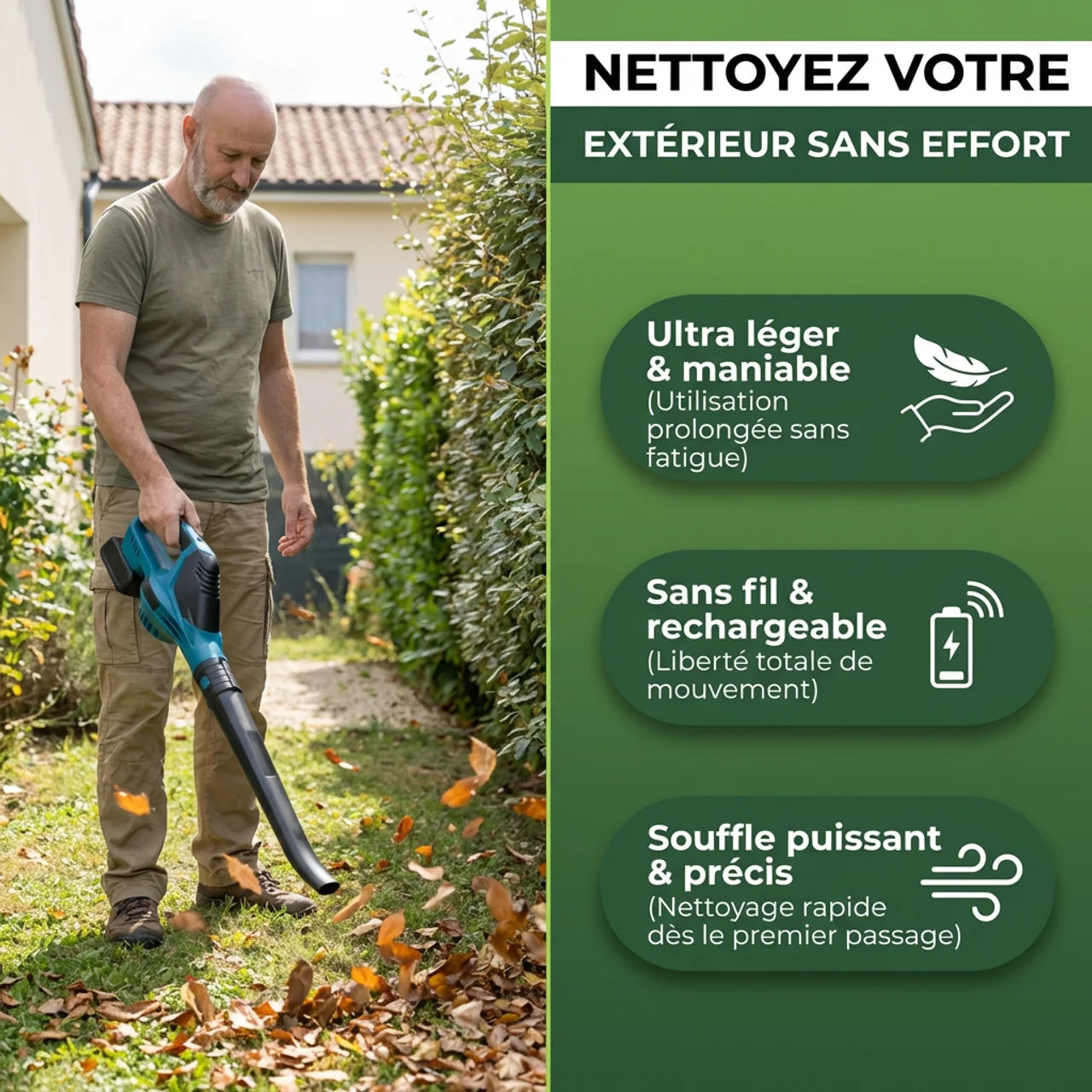 Souffleur à feuilles avec 2 Batteries OFFERTES